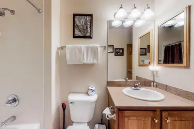 a bathroom with a sink and a toilet and a mirror at Tarn Landing B7 in Frisco