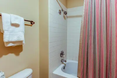 a bathroom with a shower curtain and a toilet at 1 Bedroom Plus Murphy Mountain Condo In River Run Village With Hot Tub Access And Walking Distance To Ski in Keystone