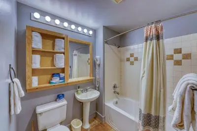 a bathroom with a sink and a toilet and a shower at 1 Bedroom Mountain Condo In River Run Village With Beautiful Mountain Views And Walking Distance To Ski in Keystone