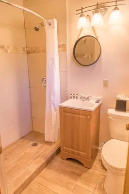 a bathroom with a shower and a toilet and a sink at Alpine Trail Ridge Inn in Estes Park