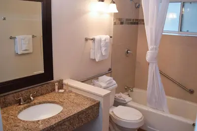 a bathroom with a sink and a toilet and a tub at Alpine Trail Ridge Inn in Estes Park