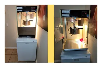 two pictures of a kitchen with a refrigerator and a machine at Nederland Getaway Home in Nederland