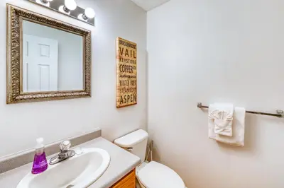 a bathroom with a sink and a mirror and a toilet at Aspen Glen 80 in Silverthorne