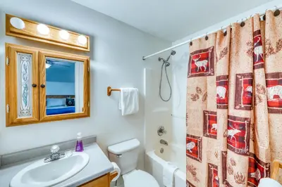 a bathroom with a toilet sink and a shower curtain at Aspen Glen 80 in Silverthorne