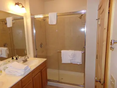 a bathroom with a shower and a sink at Anemone Townhome 3 bed 3 bath HTAT in Silverthorne