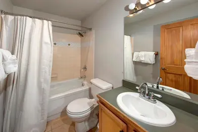 a bathroom with a sink and a toilet and a tub at Arapahoe Lodge 1 Bed 2 Bath ALJD in Keystone