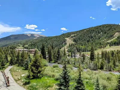 a view of a valley with trees and a mountain at Hidden River Lodge 5981 by SummitCove Lodging in Keystone
