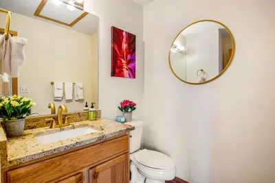 a bathroom with a toilet and a sink and a mirror at Forest Park 31E in Silverthorne