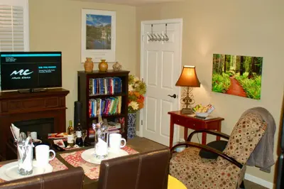 a living room with a television and a table and chairs at Denver Blue Bear Den 3BR 2BA & Spa in Denver