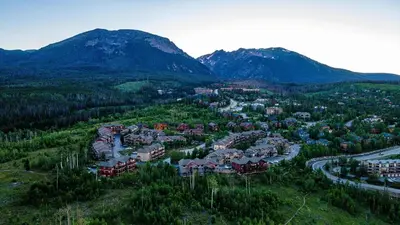 an aerial view of a town in the mountains at 97A Exceptional Views, 4 BR, Central Location in Silverthorne