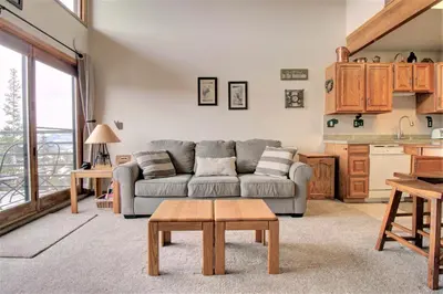 a living room with a couch and a table at Dd402E Buffalo Village Studio Condo in Silverthorne