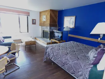 a bedroom with a bed and a fireplace at Edgewater Studio 1 Bath EWJP in Keystone
