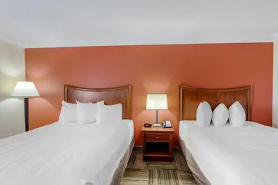 two beds in a hotel room with orange walls at Best Western Plus Loveland Inn in Loveland
