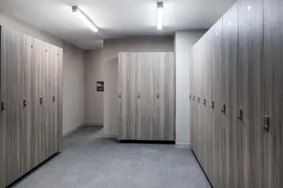 a hallway with wooden lockers in a building at AC Hotel Frisco Colorado in Frisco