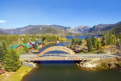 an overhead view of a bridge over a river at Dog-Friendly Cabin in the Heart of Grand Lake! in Grand Lake