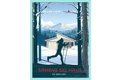 a poster of a woman skiing in the snow at Fireplace and Deck Modern Cabin in Grand Lake! in Grand Lake