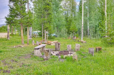 a bunch of logs in a field with trees at Access to Rocky Mtn Natl Park Grand Lake Cabin in Grand Lake