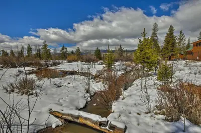 a snow covered field with trees and a river at Access to Rocky Mtn Natl Park Grand Lake Cabin in Grand Lake