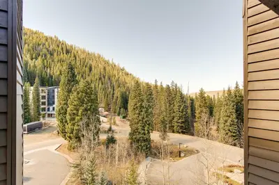 a view of a forest of trees from a house at Winter Park Ski-InandSki-Out Condo with Mountain Views in Winter Park
