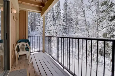 a screened porch with a view of snow covered trees at Winter Park Condo with Hot Tubs, 4 Mi to Ski Resort! in Winter Park