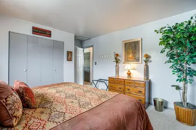 a bedroom with a bed and a dresser and a plant at Near Red Rocks, Hiking and Skiing Kittredge Condo! in Kittredge