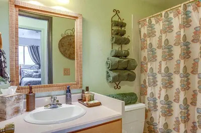 a bathroom with a sink and a mirror at Near Red Rocks, Hiking and Skiing Kittredge Condo! in Kittredge
