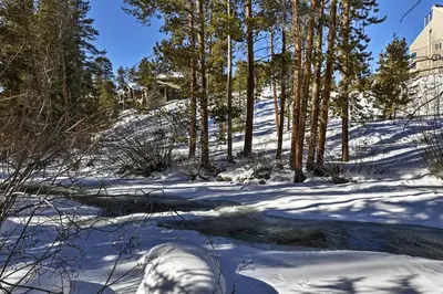 a snow covered hill with trees and a creek at Hot Tub! Family Gem on Snake River in Keystone! in Keystone