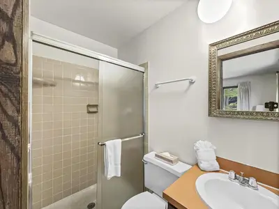 a bathroom with a toilet and a sink and a mirror at CC43 Chateau Claire condo in Dillon