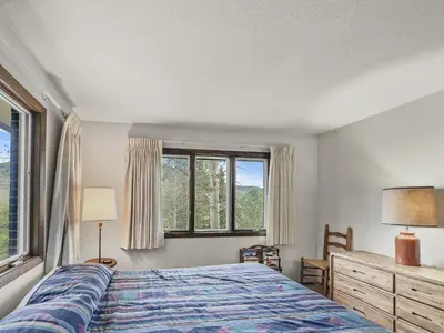 a bedroom with a bed and two windows at CC43 Chateau Claire condo in Dillon