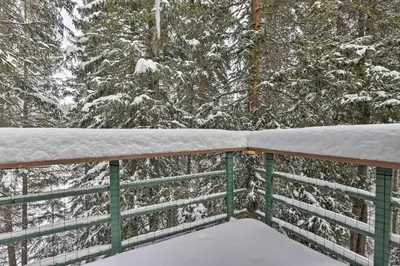 a fence covered in snow with trees in the background at Ski-InandSki-Out Winter Park Condo with Pool Access! in Winter Park