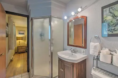a bathroom with a shower and a sink and a mirror at Private Lake Family Home with Large Yard in Denver! in Denver