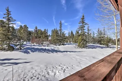 a winter view of a snow covered field with trees at Pet-Friendly Fraser Condo with Community Hot Tub in Fraser