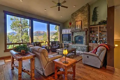 a living room filled with furniture and a fireplace at 6 Mi to Slopes Breck Home with Hot Tub and Game Room in Breckenridge