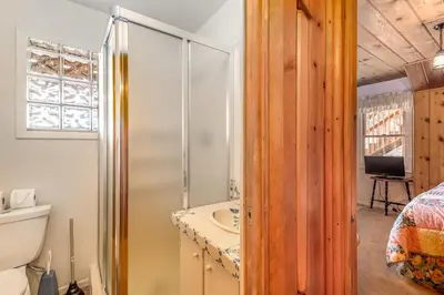 a bathroom with a shower and a sink at Bishop's Retreat in Estes Park