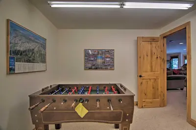 a room with a pool table in the corner of a room at Fall River Hideaway in Estes - 3 Mi to Natl Park! in Estes Park