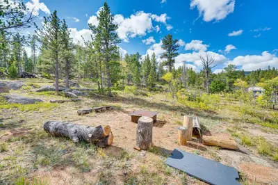 a picnic table and logs in a field with trees at Secluded Log Cabin with Game Room and Forest Views in Red Feather Lakes