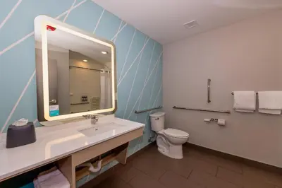 a bathroom with a sink and a toilet and a mirror at Avid Hotels - Denver Airport Area by IHG in Denver