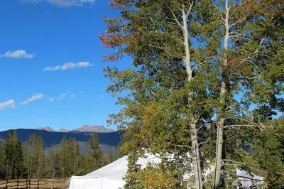 a tent and a tree with mountains in the background at Casa Vista in Fraser