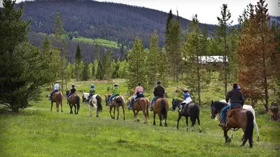 a group of people riding horses in a field at Cozy & Relaxing – Indoor/Outdoor Fireplace, Jacuzzi and BBQ grill in Estes Park