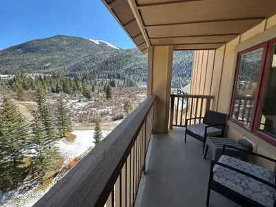 a balcony with a view of a mountain at Full Renovated 1BR -Walk to Gondola & Kids Ski Free condo in Dillon