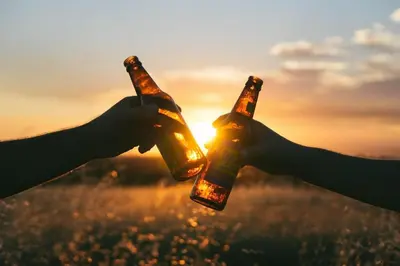 two people holding beer bottles in front of the sunset at Hidden Gem Near Old Town - Grill & Cruiser Bikes! in Fort Collins