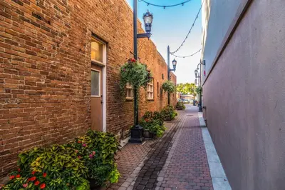 a brick alley way with plants and flowers next to a building at Elegant Loft-Style Retreat in Old Firehouse Alley in Fort Collins