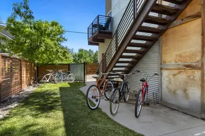 a group of bikes parked next to a building at Industrial Old Town Bungalow with Free Cruiser Bikes in Fort Collins