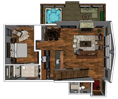 a floor plan of a house with at Lake Estes Getaway – Close to Downtown, Indoor/Outdoor Fireplace and Jacuzzi in Estes Park