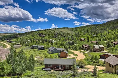 an aerial view of a village with a mountain at 2 Mi to Granby Ranch Granby Home with Hot Tub! in Granby