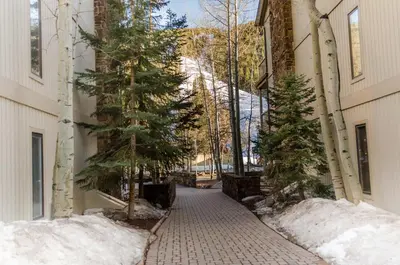 a street with trees on the side of a building at Chateaux DuMont 2716 in Keystone