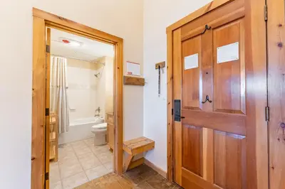 a bathroom with a toilet and a wooden door at Buffalo Lodge by Summit County Mountain Retreats in Keystone