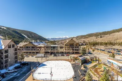 an aerial view of a resort with a basketball court at Buffalo Lodge by Summit County Mountain Retreats in Keystone