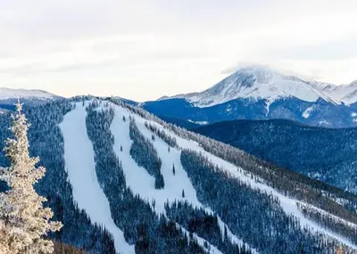 a view of a snow covered mountain range with trees at Dakota Lodge by Summit County Mountain Retreats in Keystone