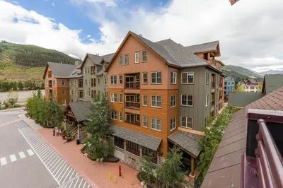 an overhead view of a large building with a street at Dakota Lodge by Summit County Mountain Retreats in Keystone